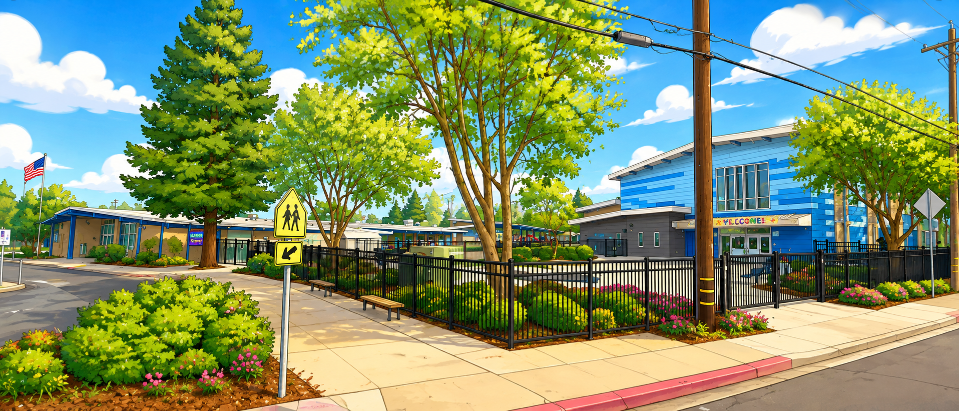 Illustration of the Neal Dow Elementary campus on a bright sunny day